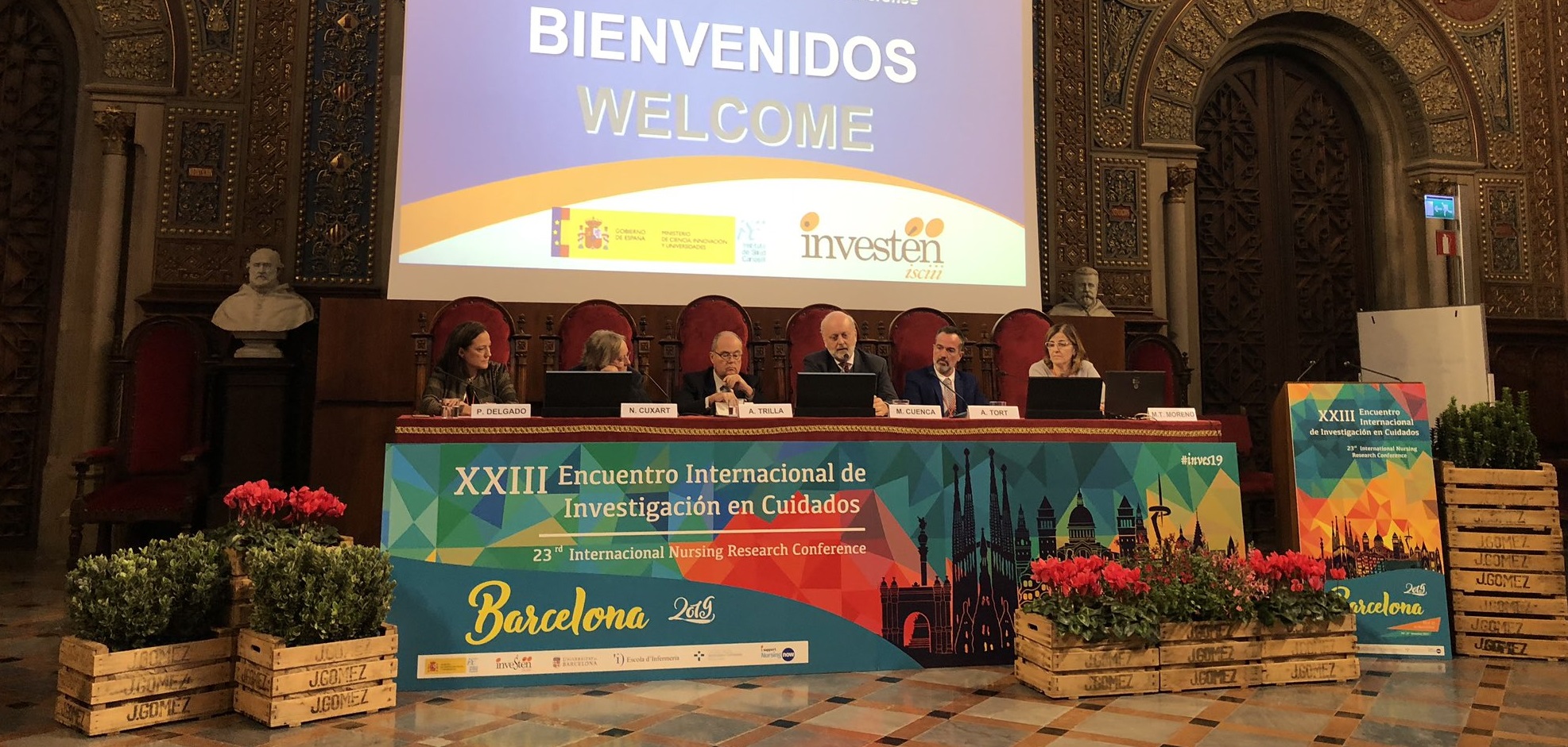 ​Inauguración del XXIII Encuentro Internacional de Investigación en Cuidados, este miércoles en Barcelona: Pilar Delgado, Nuria Cuxart, Antoni Trilla, Manuel Cuenca, A. Tort y Mayte Moreno.